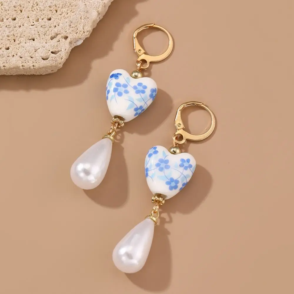 Ceramics Pearl Dangle Earring Handmade Rice Bead Blue and White Porcelain Earrings Jewelry Accessories Alloy