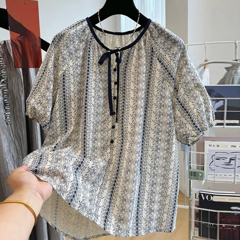 

Retro Floral Print Shirts for Women Summer French Style Short Sleeve Blouse Single Breasted T-shirt Female Doll Shirt Tops