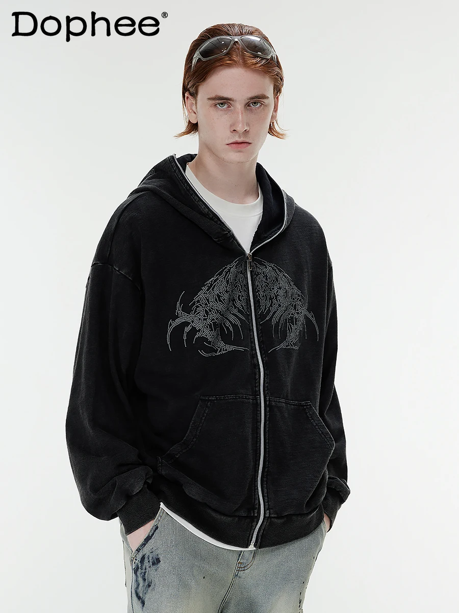 

Embroidered Long Sleeve Hooded Sweatshirts Men Women American Style 2024 Autumn Winter New Male Zipper Loose Comfort Casual Tops