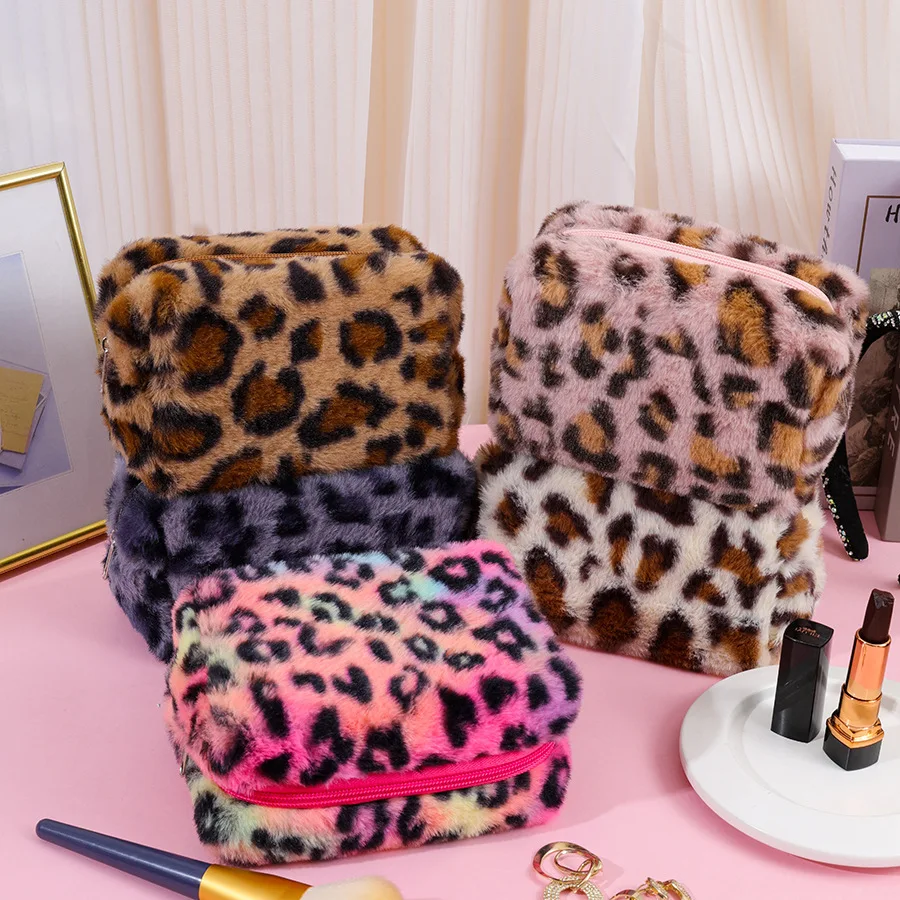 

Leopard Print Hand-held Plush Makeup Bag, Women's Portable Large Capacity Travel High-end Storage Bag, Pencil Case