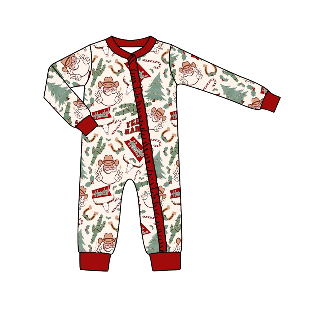 Christmas Series Toddler Girls Clothes Baby Boy Clothes Western Santa Pattern Long Sleeve Set Jumpsuit Wholesale Kids Clothes