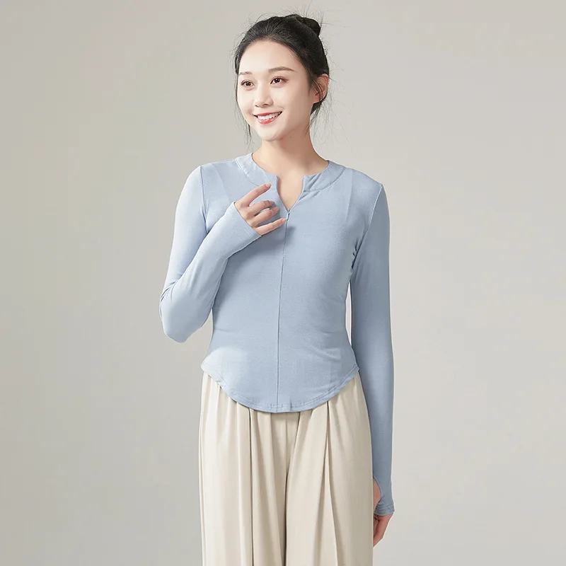 Modern dance V-neck knitted slim-fit cover finger zipper long-sleeved top classical dance autumn and winter practice clothes