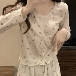 Princess Style Long Sleeved Pajamas Women Spring Autumn  New Sleepwear Cardigan Round Neck Floral Homewear Two-piece Set