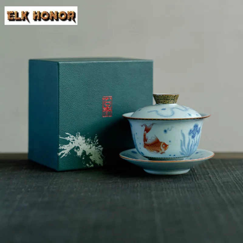 

160 мл Ru Kiln, ручная роспись, рыба-гамвань, эстетическая чайная варенька, чайная миска с крышкой, комплект, крышка для заваривания чая, миска, украшение для чайной церемонии