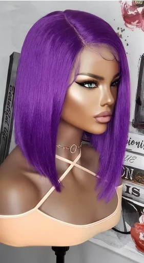 Peluca corta y recta con encaje frontal para mujer, pelo morado, moda