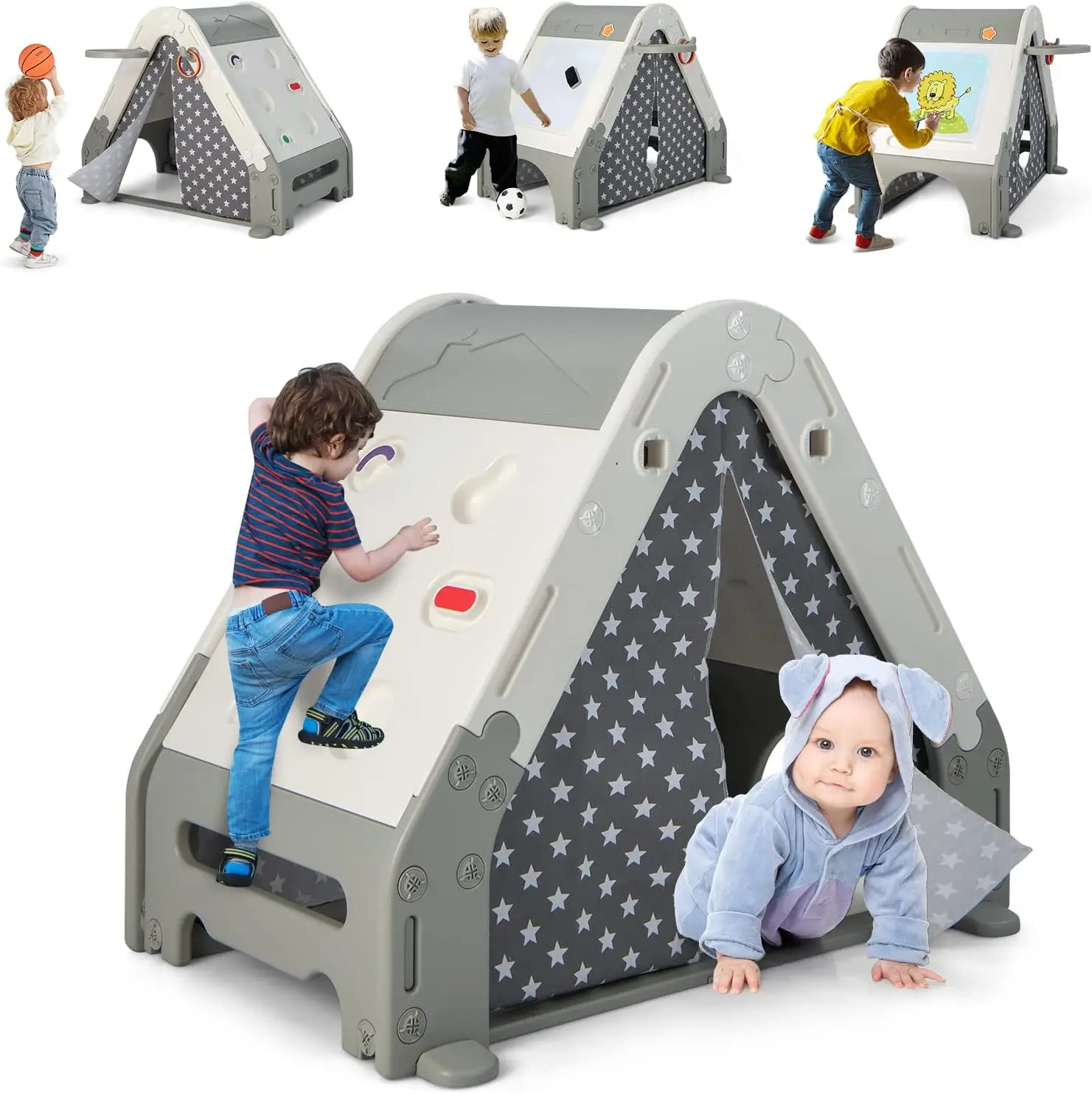 Triangle Climber with Tent, Kids Hideaway Play Tent with Art Easel, Rock Wall Climbing, Waterproof Tent Cover, Crawling Tunnel T