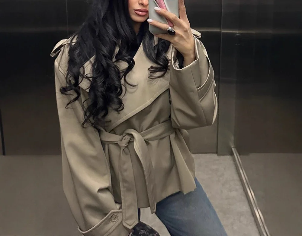 2026 Spring And Autumn Fashion New Women's Clothing Hot Selling Leisure Commuting Short Style Tie Up Waist Windbreaker Coat
