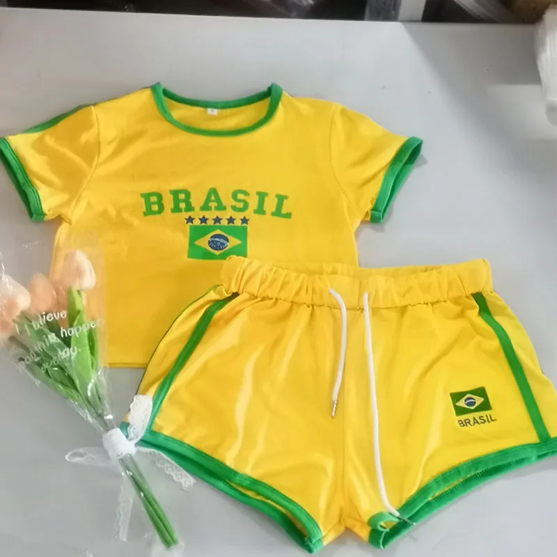 2023 Summer Women Two Piece Set Letter Embroidery Yellow T-shirt+shorts Suits Y2k Short Sleeve Casual Sexy Joggers Shorts Outfit