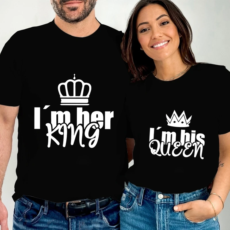 2024 Couple Crown T-shirt I'm Her King I'm His Queen Print T Shirt Funny Letter Women Matching Tees Short Sleeve Lovers Tshirt