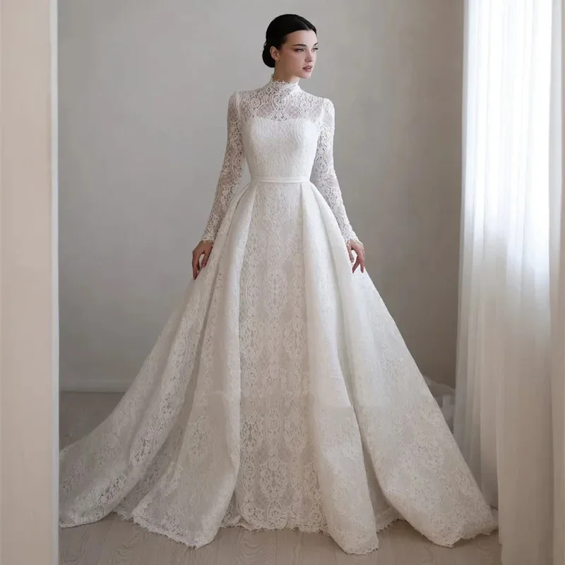 Angepasst Spitze A-linie Brautkleider Bodenlangen Volle Ärmel Braut Kleider High Neck Zipper Zurück Schärpen vestidos de novia