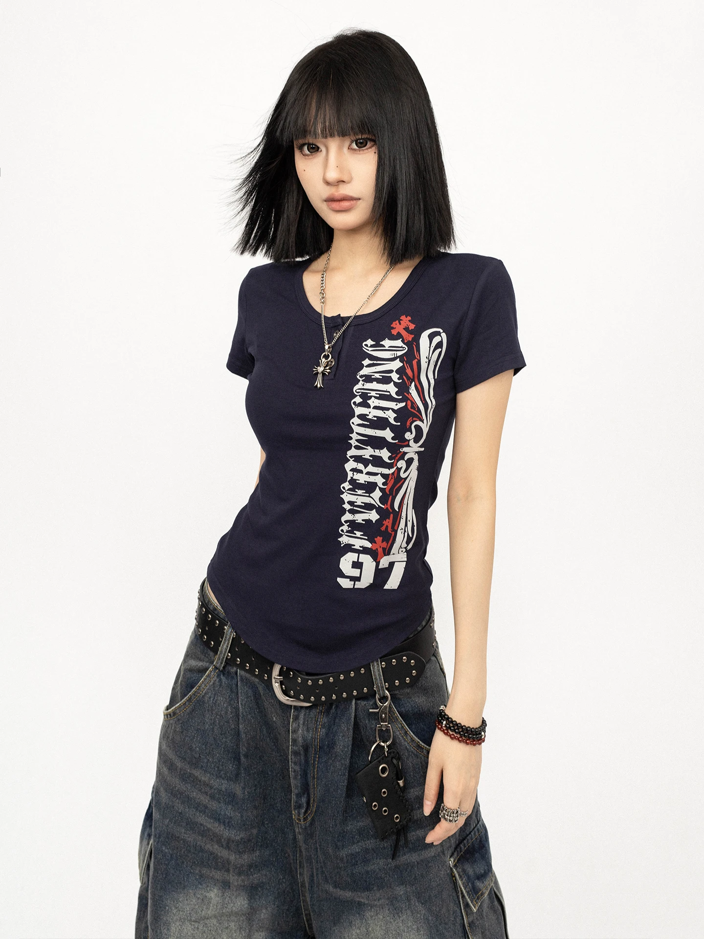 OCTTFLAB American Retro Hot Girl Short Sleeve T-Shirt Women Slimming Cool Summer Top Letter Print Shoulder Width Regular Length