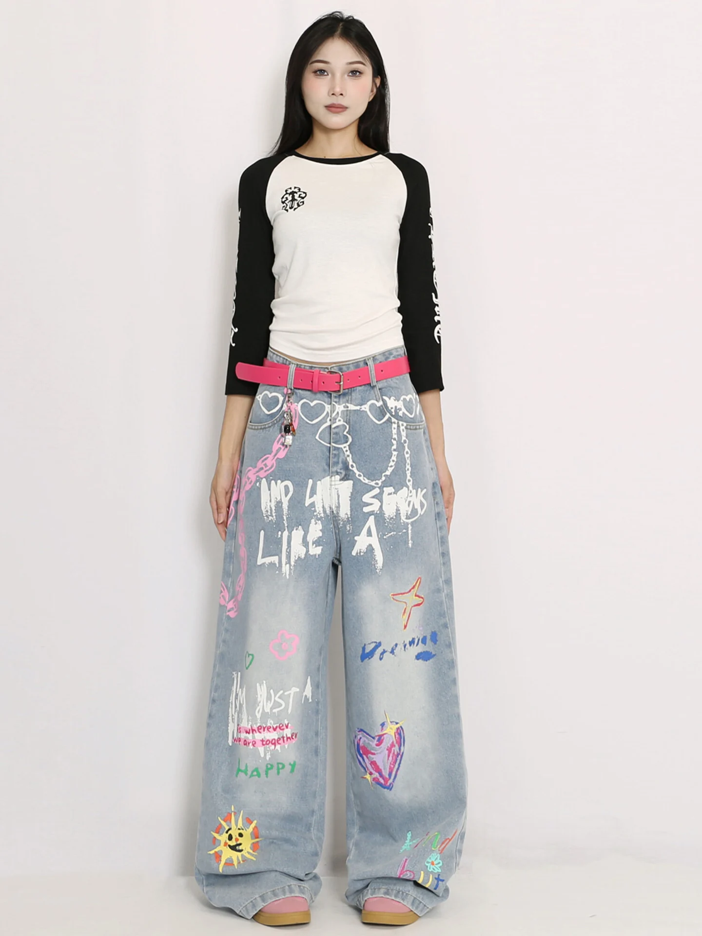 

Hand-Painted Heart fiti Wide Leg Jeans Loose Fit Slimming Long Pants Women's Casual High Waist Denim Blue Color Autumn New