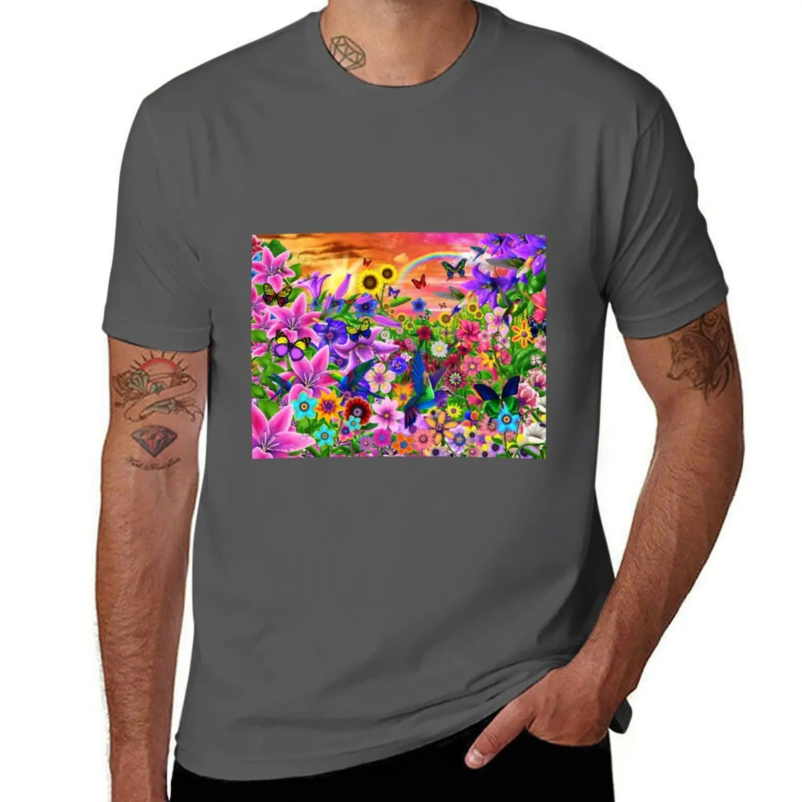

flowers and hummingbirds Fantastic T-Shirt Work Utility Short Sleeve Shirt