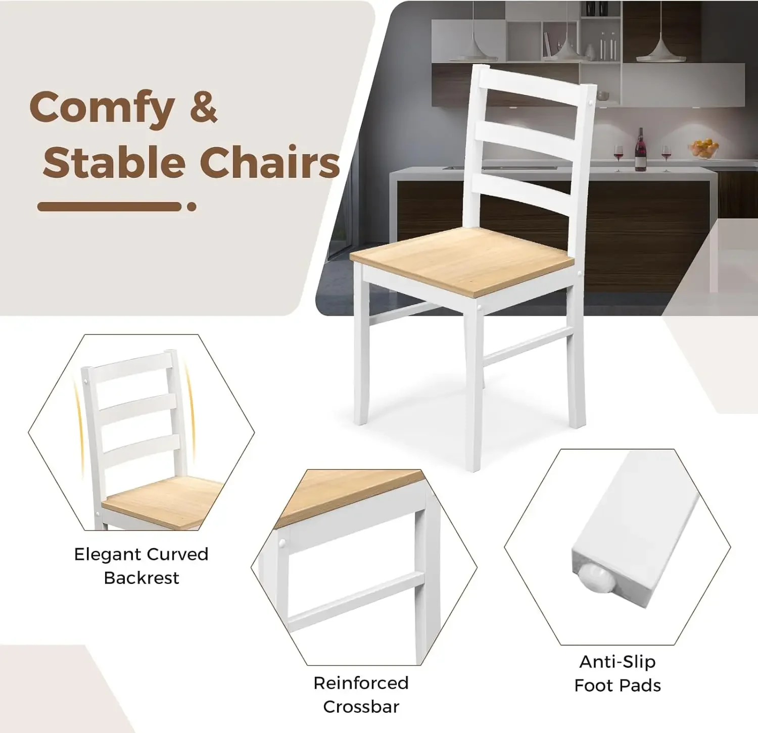 Wood Kitchen Table Chairs Set with Rubber Wood Legs, Space-Saving Design