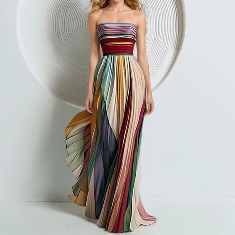 

SKMY New 2025 Summer Women Clothing Fashion Printed Sleeveless Long Dresses Party High Waist Large Swing Strapless Dress