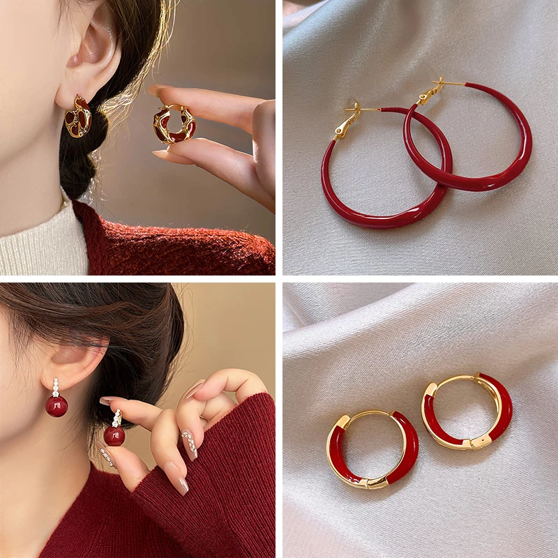 French Vintage Red Spot U-shaped Round Drping Oil Gold Plating Zircon Hoop Earrings for Women Temperament Charms Premium Jewelry