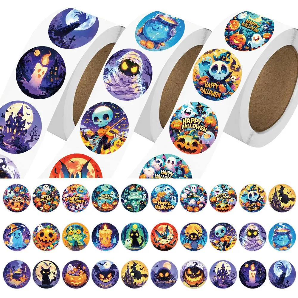 

500pcs/Roll Halloween Decoration Stickers Skull Pumpkin Witch Cartoon Sealing Label Children Party Favor Kid Reward Sticker Gift