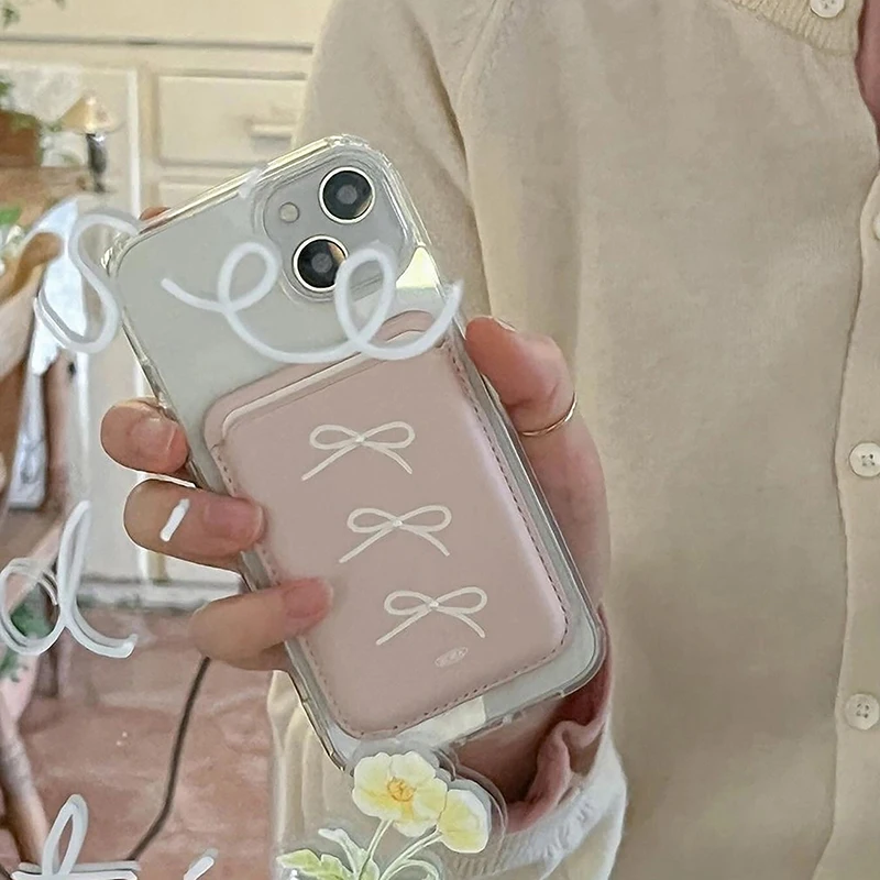 INS coreano lindo arco para Magsafe tarjeta magnética Clip funda de teléfono para iPhone 15 Pro Max cartera magnética tarjetero accesorios de teléfono