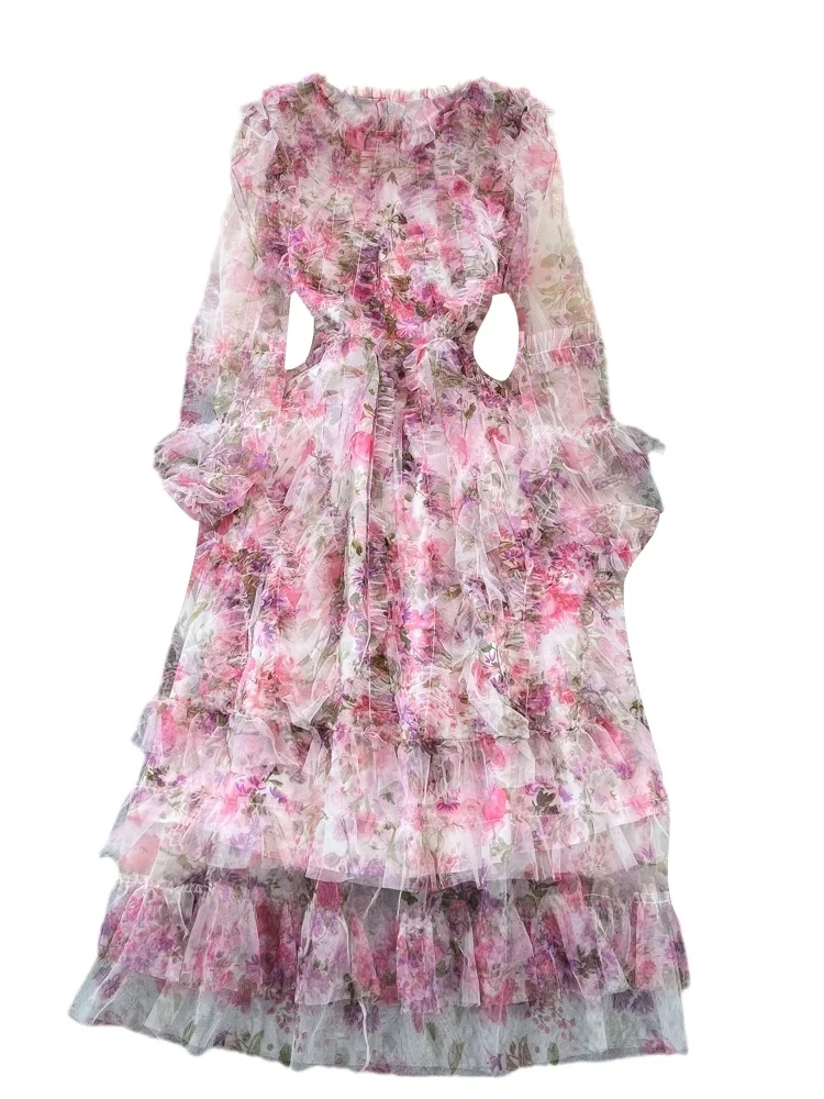 

Ele Long Sve round Ne A-Line Dr with Lace Trim And Floral Print Korean Sle Commute Suitable for Autumn Season