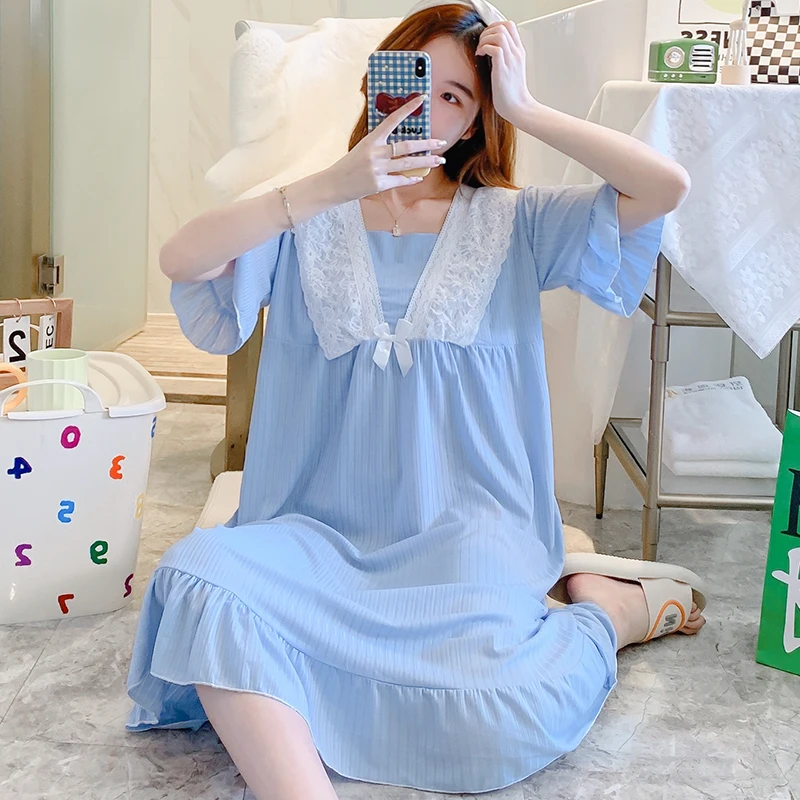 

Striped Modal Cotton Nursing Dress Maternity Ruffled Short Sleeve Lace Patchwork Square Collar Breastfeeding Gown Sleepshirts