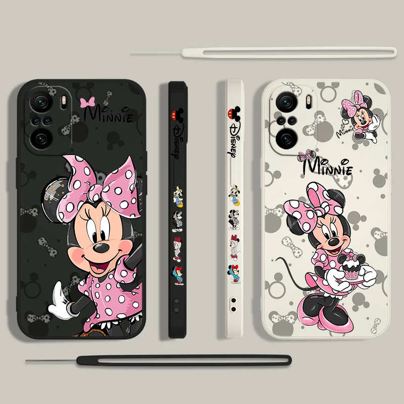 Disney Cute Minnie Pink For Xiaomi Redmi Note 13 12 12Pro 11 11S 11T 10S 10 Pro Plus Liquid Left Rope 5G Phone Case