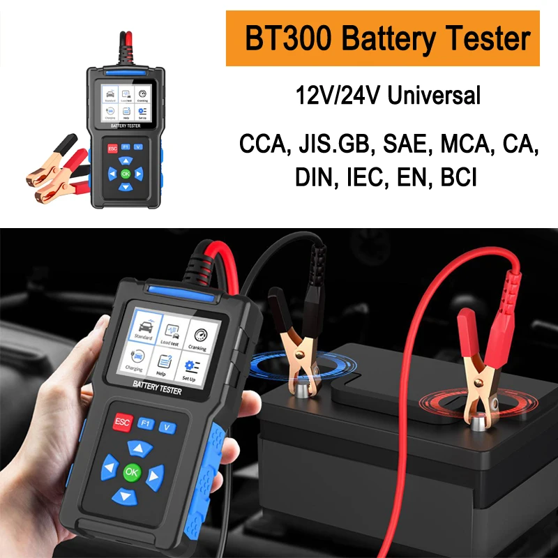 

BT300 Многоязычный тестер аккумулятора 12V/24V Многофункциональный тестер диагностики неисправностей автомобильного аккумулятора, 20-2000 CCA, 10AH-300AН