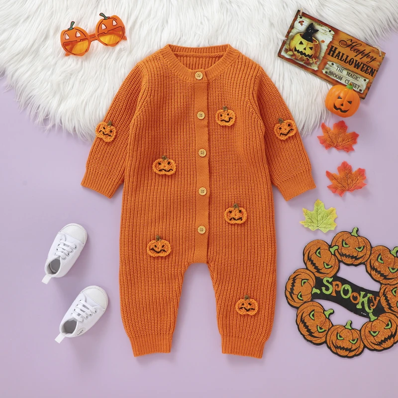 Suefunskry Baby Boys Girls Halloween Jumpsuit Long Sleeve Round Neck Pumpkin Embroidery Romper Newborn Winter Knitted Clothes