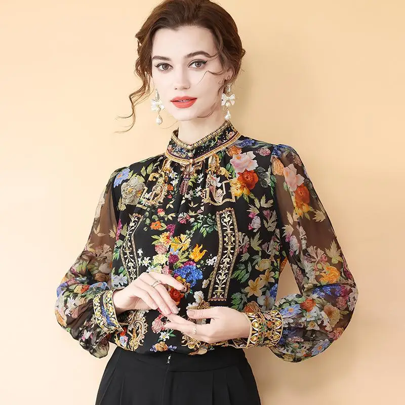 

Simulated Silk Stand-up Collar Long-sleeved Shirt for Women 2025 Spring New Style Retro Printed Elegant Pullover Versatile Top