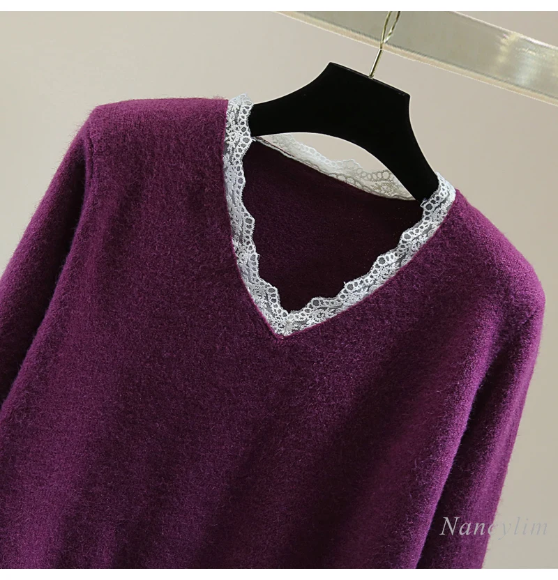 Lace Embroidered V-neck Pullover Knitted Sweater Women 2024 Winter Mesh Lace Stitching Long-sleeved Sweater Top Purple Knitwear