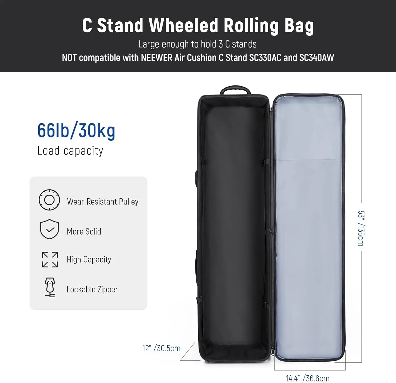 Wer C-Valise à Roulettes Noire avec Roues Robustes, Poignée et Sangles de Fixation, Support de Transport