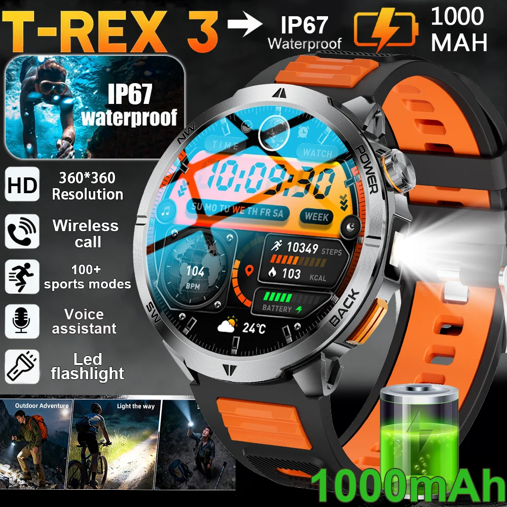 T-REX 3 밀리터리 스마트워치 남성용 1000mAh 초강력 배터리 스마트워치 10ATM 방수 HD 통화 170+ 스포츠 모드 LED 손전등
