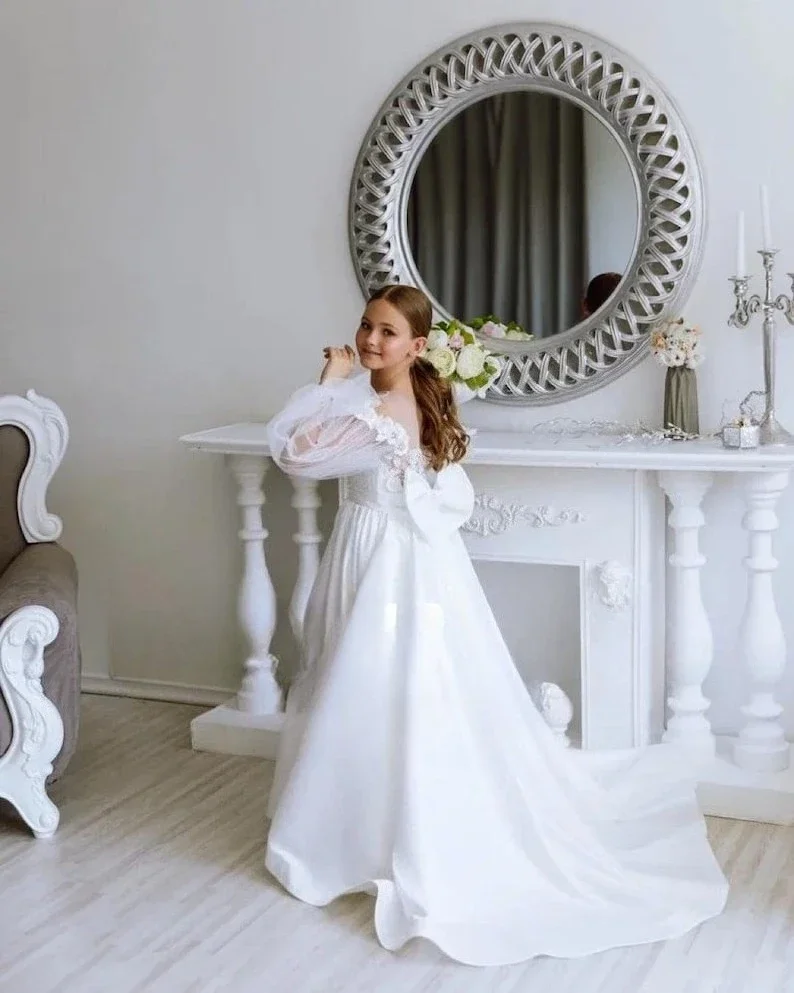 Кружевное атласное платье с цветочным узором для маленьких девочек, белое детское платье для святого причастия на свадьбу, длинные пышные платья для девочек, платья принцессы