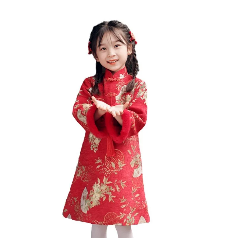 Qipao de manga larga de doble capa para niña, vestido elegante de chenilla para niña, novedad de moda de invierno, 2023