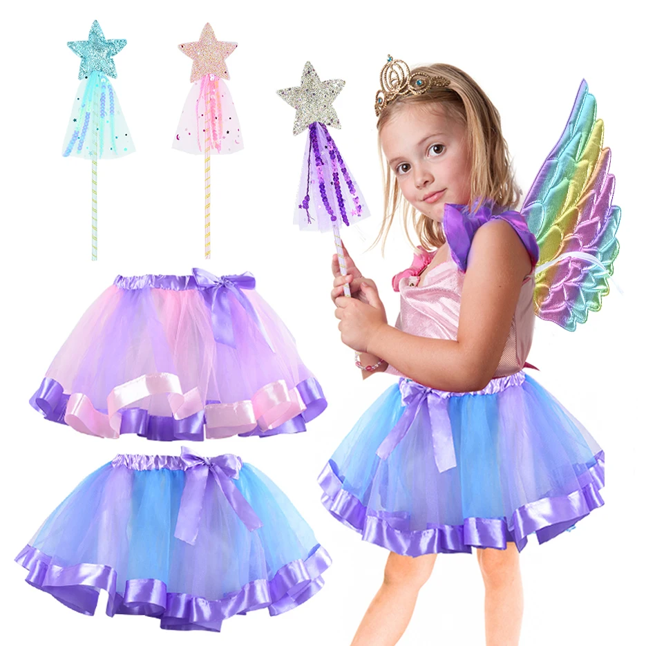 Colorful Tulle Skirts Rainbow Wings Angel Girls Birthday Party Decor Kid's Makeup Dance Performances Decorative Prop Baby Shower