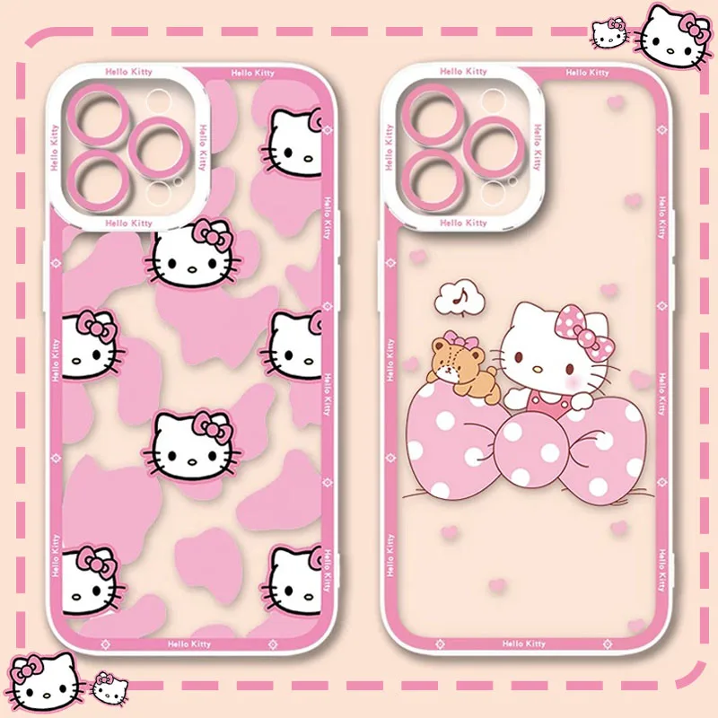 Sanrio pink Hello Kitty Case For iPhone 15 14 Pro Max 13 12 Mini 11 Pro XR XS X 8 7 6 6S Plus SE 2020 Soft Silicone Back Cover