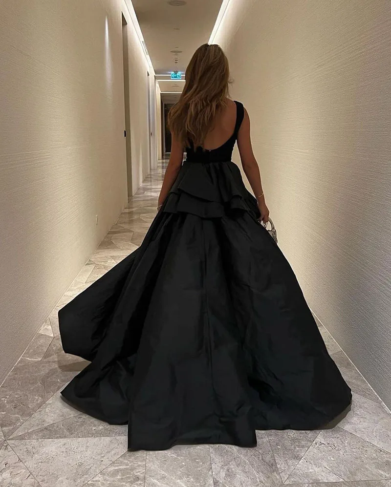 SoDigne Black Satin Mermaid Prom Dresses With Detachable Train Sleeveless Arabic Evening Dress Wedding Party Gown 2023