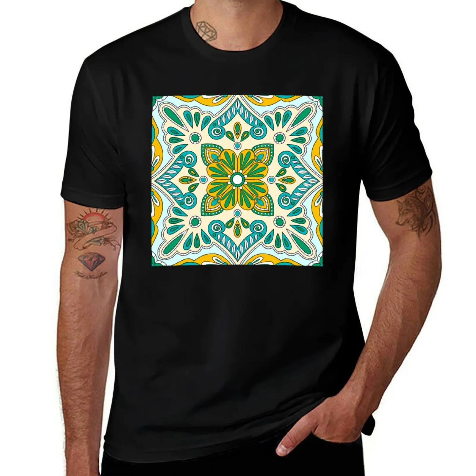 Moroccan Tile Pattern - Yellow and Green - Detailed Block Print Design, simple pattern T-Shirt Work Duty Casual T-Shirt
