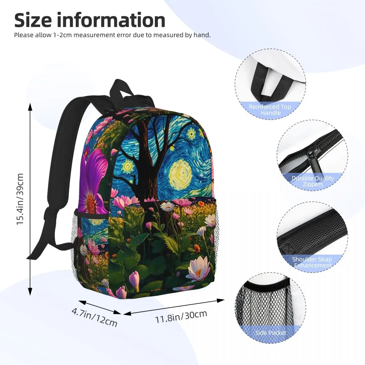 Van Gogh Inspired Floral And Starry Night Backpack Daypack Large Capacity Boys Girls BookBag Shoulder Bags for Unisex School Bag