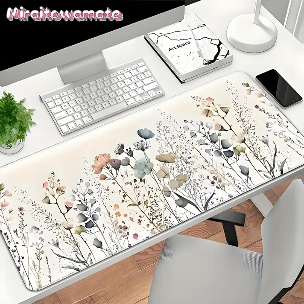 

Сверхбольшой белый игровой коврик для мыши с цветочным принтом, удлиненный коврик для офисного и игрового стола, для ПК, ноутбука, дома и офиса