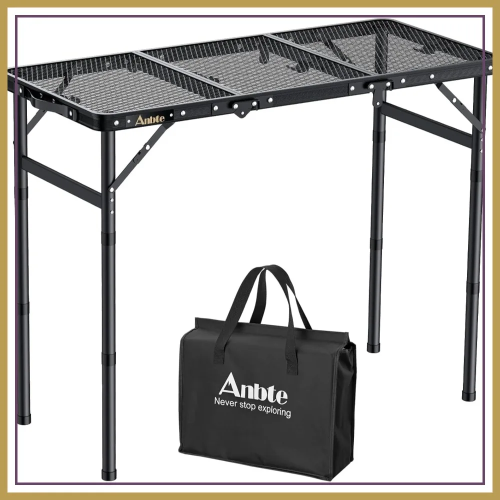 

3ft Tri-Fold Aluminum Folding Table Adjustable Height 27.5" Mesh Top for Outdoor BBQ Camping Picnic, Lightweight with Handle