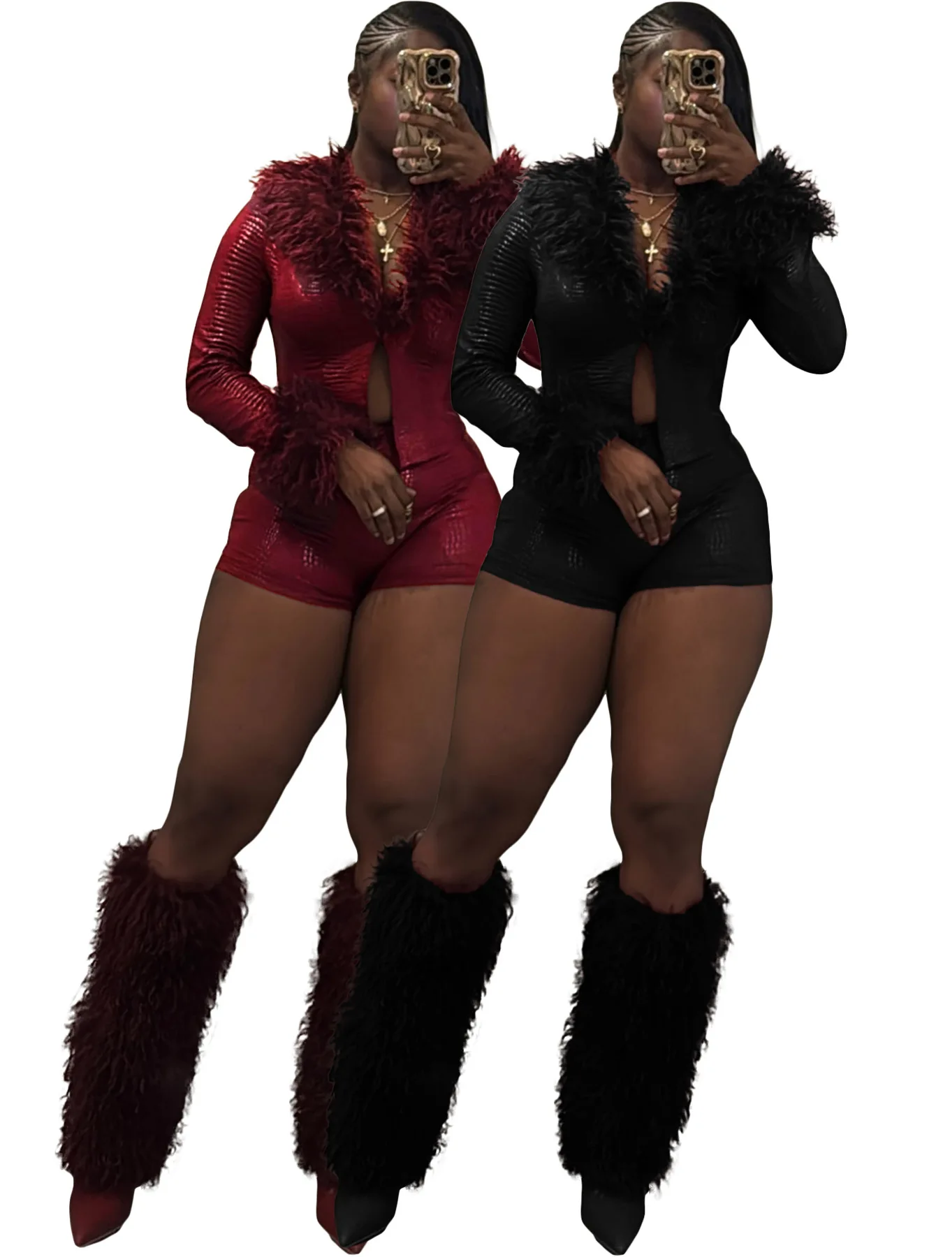 

Женский комплект, осенне-зимний модный эластичный меховой лоскутный укороченный жакет из искусственной кожи с длинными рукавами и узкие шорты, сексуальная клубная одежда, комплект из двух предметов