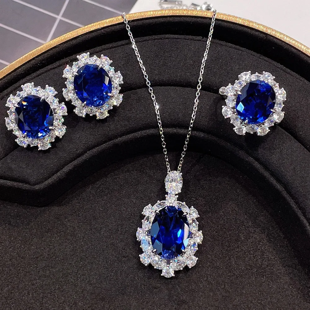 Big 6 Carats Blue Topaz Gemstone Pendant Necklaces for Women Bijou Diamonds Luxury Fine Jewelry Set Dinner Party Dress Accessory