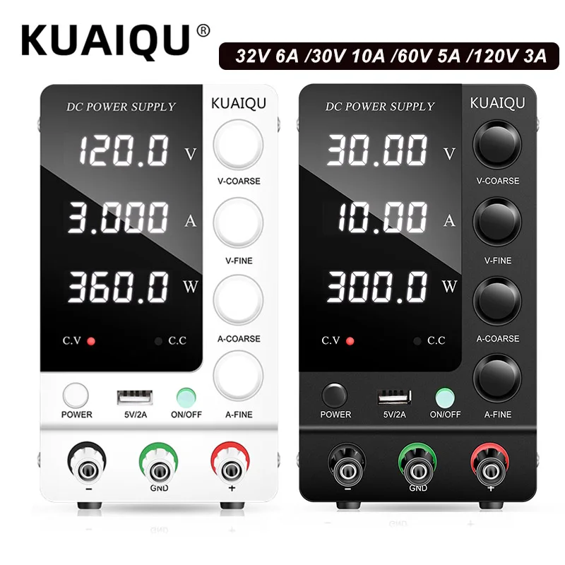 KUAIQU Adjustable Switching DC Power Supply 30V 10A 6A Lab Bench Power Supply 60V 5A 120V 3A Output Preset Current USB Interface