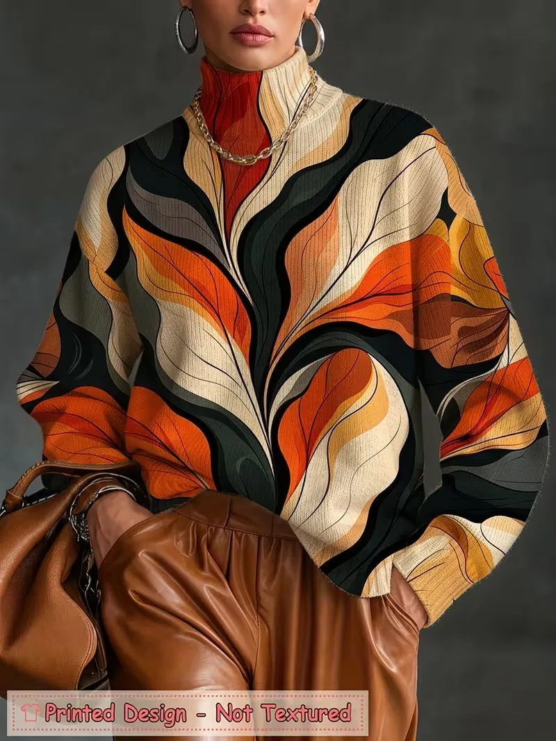 Autumn Winter Women Turtleneck Top T shirt Retro 3D Pattern Print Long Sleeve Loose Casual Ladies Pullover Daily Wear Sweatshirt
