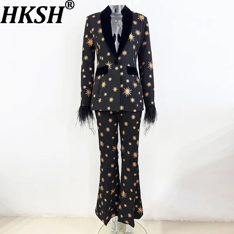 HKSH Spring Autumn New Women Two-piece Set Embroidery Velvet Patchwork Feather Luxury Blazer Chic Pants Elegant Ins Suit HK16481