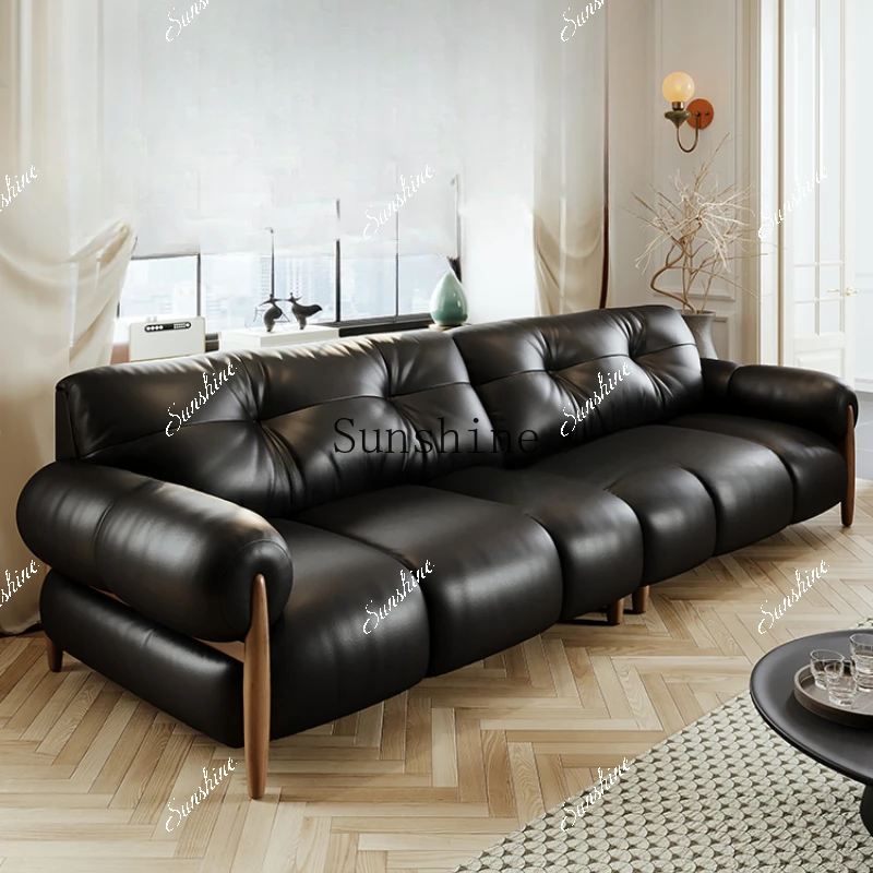 Black first-layer cowhide solid wood sofa medium antique home living room straight row of three people  FT