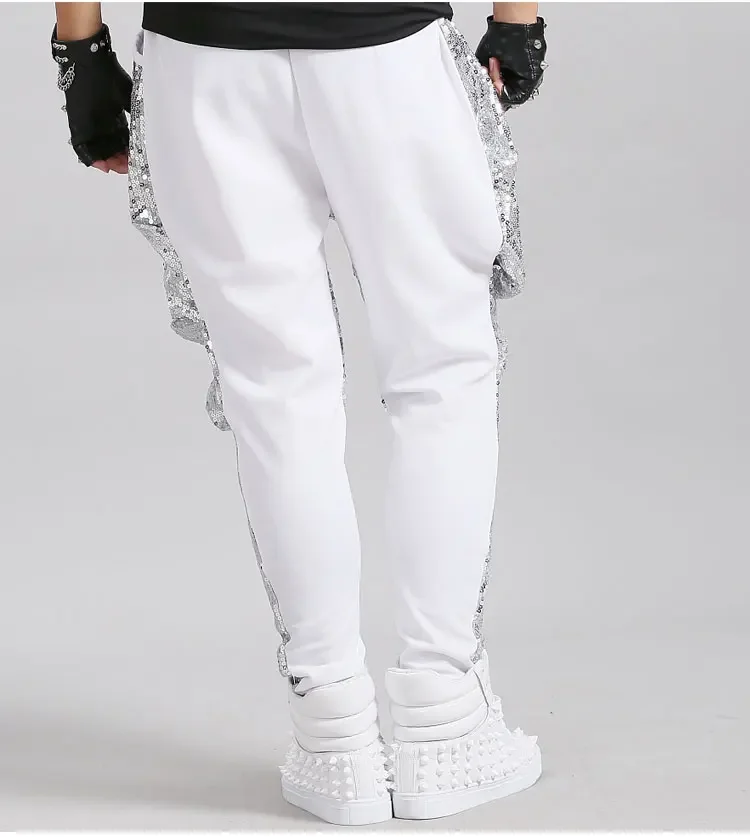 Tide Male Sequins Harem Long Pants Singer Dancer Hip Hop Rock Dance Performance Costume Nightclub Bar Pencil Trouser White Black