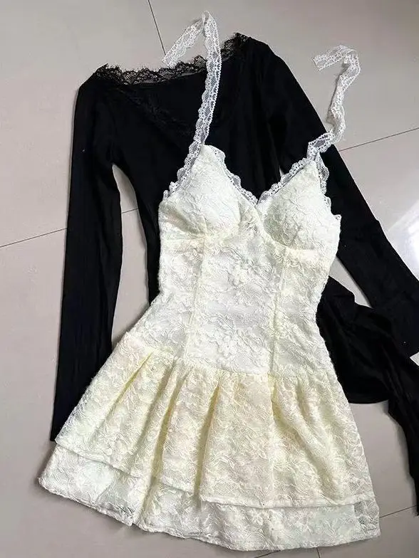 

New Women Birthday Rave Korean Fashion Gyaru Y2k Coquette Outfits 2 Piece Set Fake Two Pieces Top + Mini Ruffle Skirts Chic