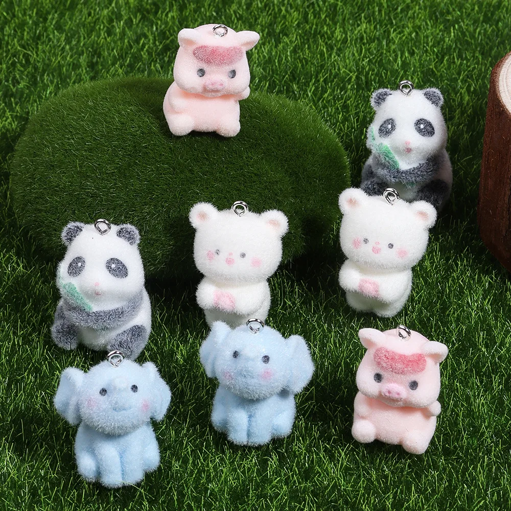 20 pz 3D Mini Panda elefante ciondolo 3D Fluffy floccato animale Charms all'ingrosso portachiavi collana ciondolo artigianato fai da te gioielli fare