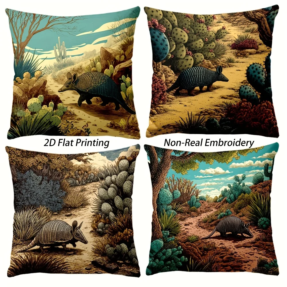 4PC Dinosaur Scene Throw Pillow Covers 2D Flat Printing and Non Real Embroidery Boho Desert Wildlife Decor